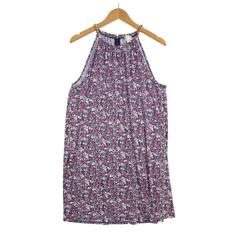 Michael Kors Pink Floral Print Halter Chain Neck Sleeveless Dress Womens XL